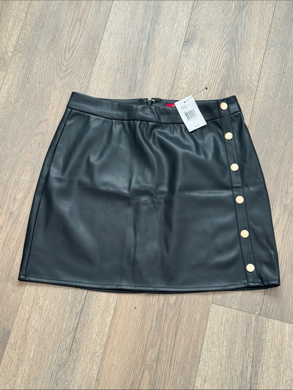 Guess Black Faux Leather Mini Skirt with Gold Snap Details